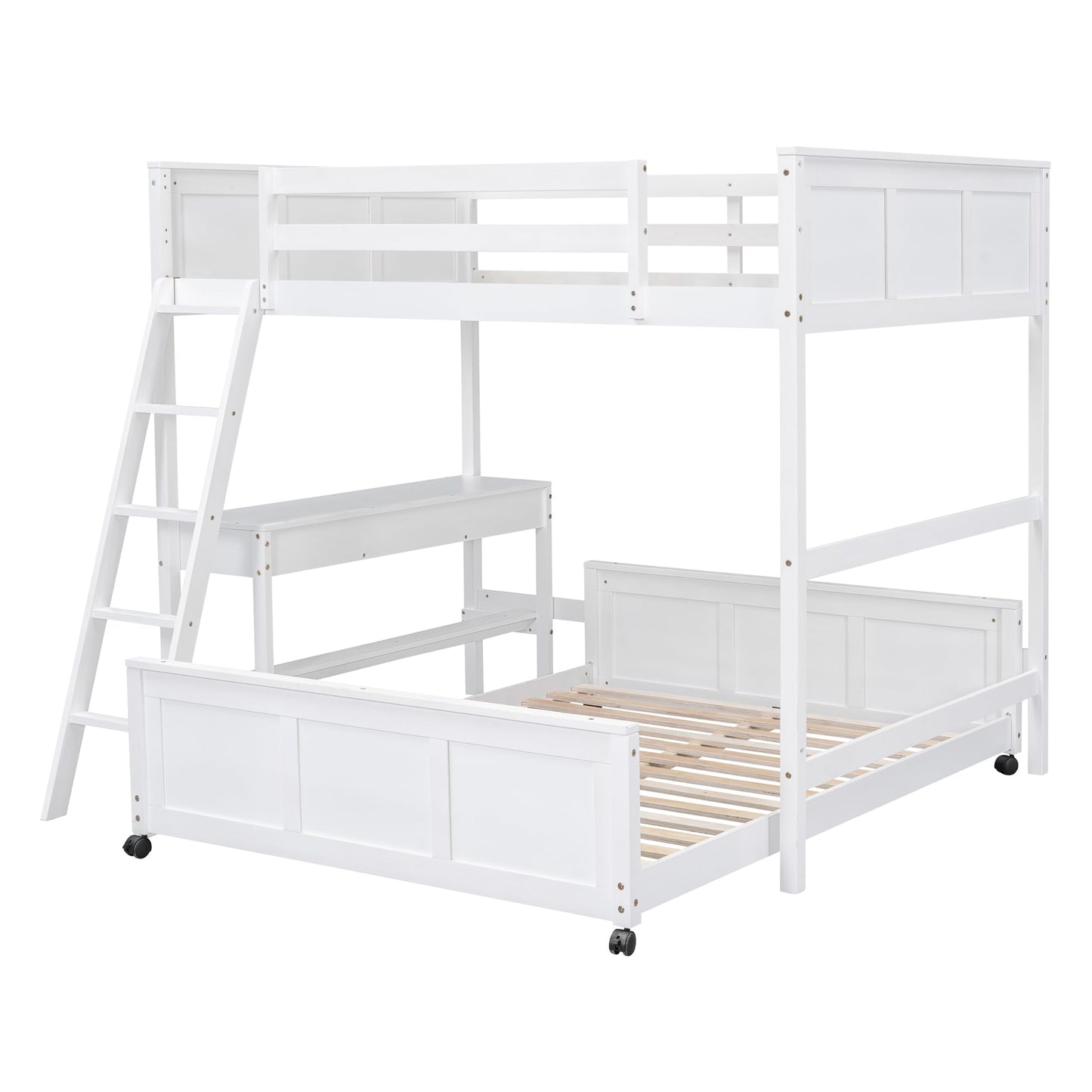 Full Over Full Bunk Beds with Desk, Wood Full Loft Bed Frame with Desk and A Stand-Alone Bed, L-Shaped Bunk Bed for Kids, Teens, Adults (Bottom Bed Can Be Moved, White)