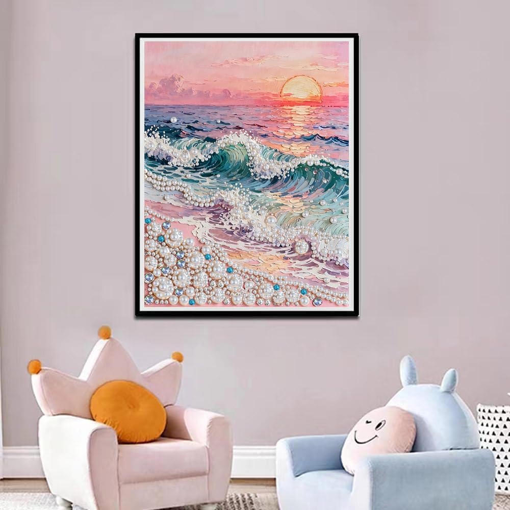 LPDJITO Beach Sunrise Diamond Art Pearl Painting Kit, DIY Pearl Art Painting, Beach Pearl Diamond Painting Kits, Handmade Gem Dot Picture Craft for Home Wall Decor 12x16 inch Wave