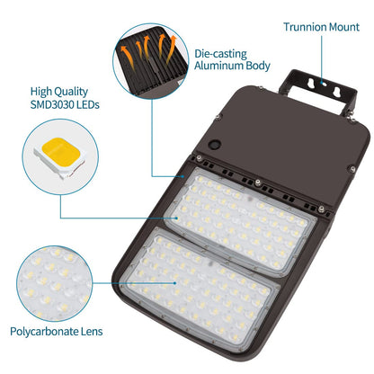 Xbuyee 300W LED Parking Lot Light with Dusk to Dawn Photocell, Outdoor Dimmable Area Lights with Trunnion Mount, 45000LM 5000K Daylight 100-277V IP65, Power Selectable (300W/240W/200W) ETL