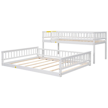 GDFStudio Twin XL Over Queen Bunk Bed with Ladder & Guardrails, Convertible Stacked or Separate Beds, Modern Space Saving Bed Frame, Bedroom Storage Solution, Solid Pine Wood Frame, White