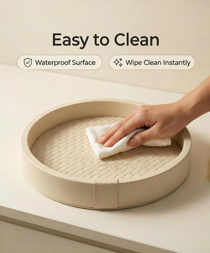 DEYIMAN Woven Leather Vanity Tray - 10 Inch Round Nightstand Organizer for Perfume & Jewelry, Beige