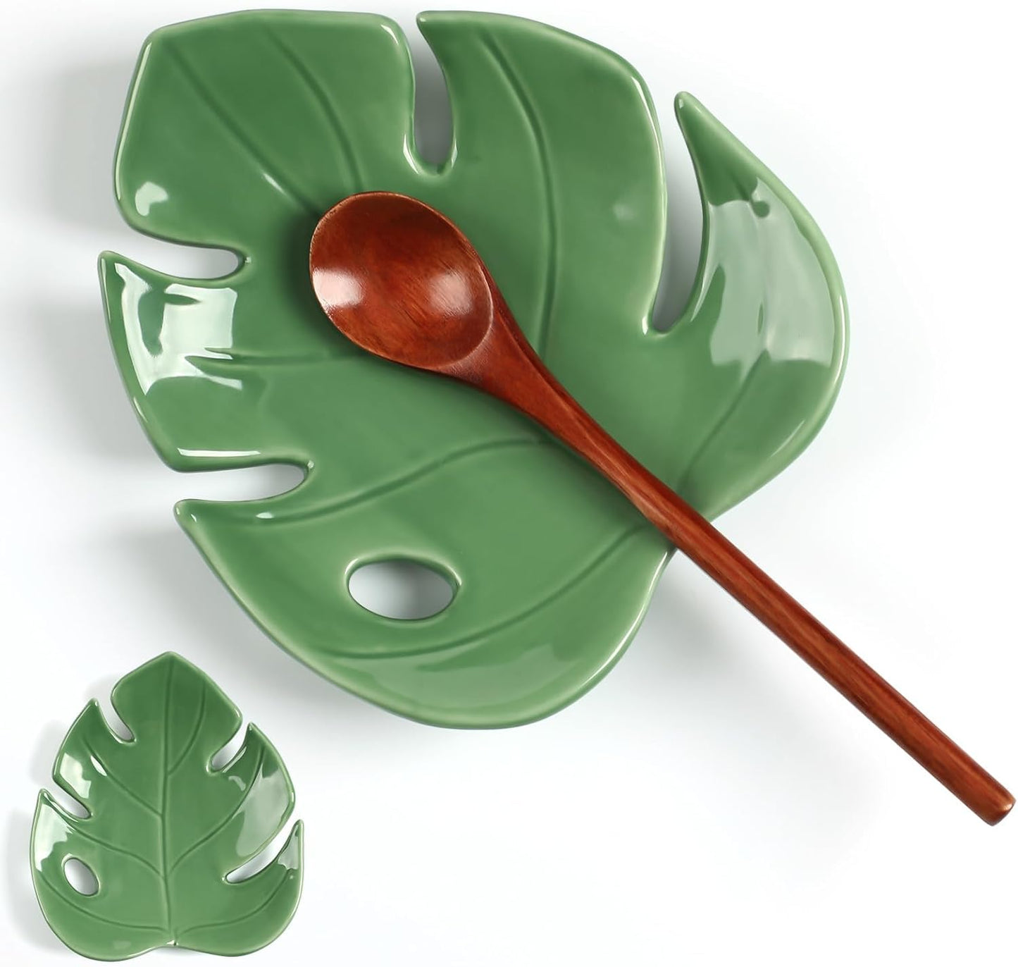Ceramic Spoon Rest Leaf - Cute Spoon Rest for Stove Top, Decorative Kitchen Spoon Rest for Cooking Utensils, Sage Green Kitchen Decor and Accessories