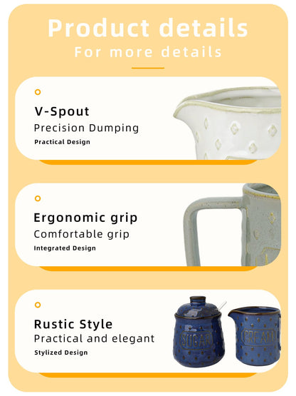 GDCZ Ceramic Sugar and Creamer Set, Milk Creamer and Sugar Container with Spoon, Coffee Serving Set with Sugar Bowl and Cream Pitcher, Set of 2 (Blue)