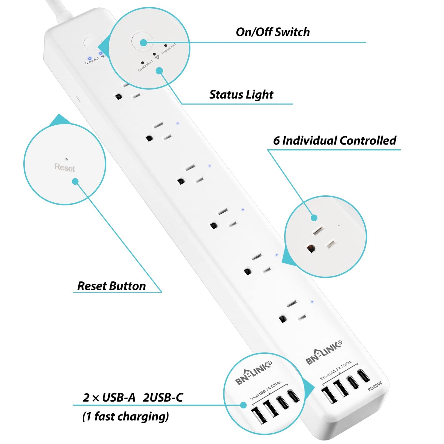 BN LINK Smart Plug Power Strip，Surge Protector with 6 Individually Controlled Smart Outlets, 4 USBs (incl. 20W USB-C), Compatible with Alexa and Google Home