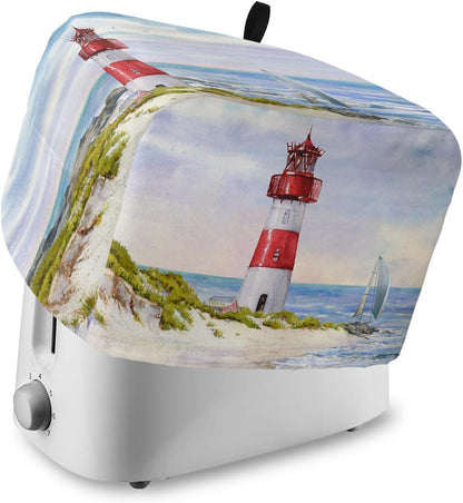 Toaster Cover, Coastal Lighthouse 2 Slice, Watercolor Blue Sky Sea Summer Beach with Loop, Polyester Dust Cover