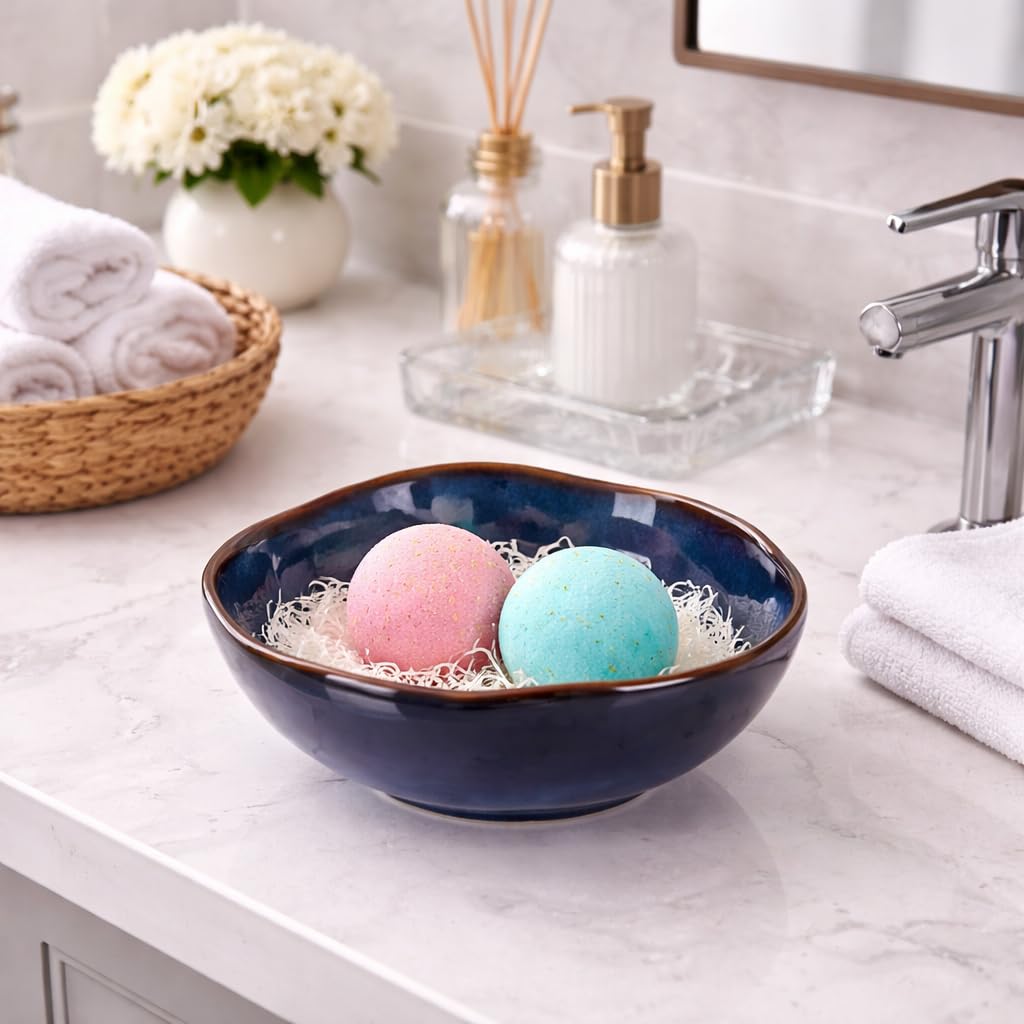 8" Ceramic Decorative Bowl, Key Holder for Entryway, Blue Fruit Bowl for Kitchen Counter, Coffee Table Centerpiece, Office Candy Dish, Small Jewelry Organizer for Vanity, Bedside Table Decor