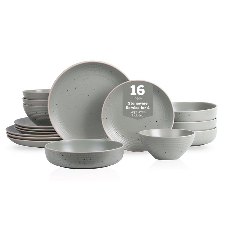 Stone Lain Lauren Stoneware, Rustic Plates and Bowls Set, Dinnerware, Service for 4, Speckled Green, Dishwasher & Microwave Safe, 16-Piece