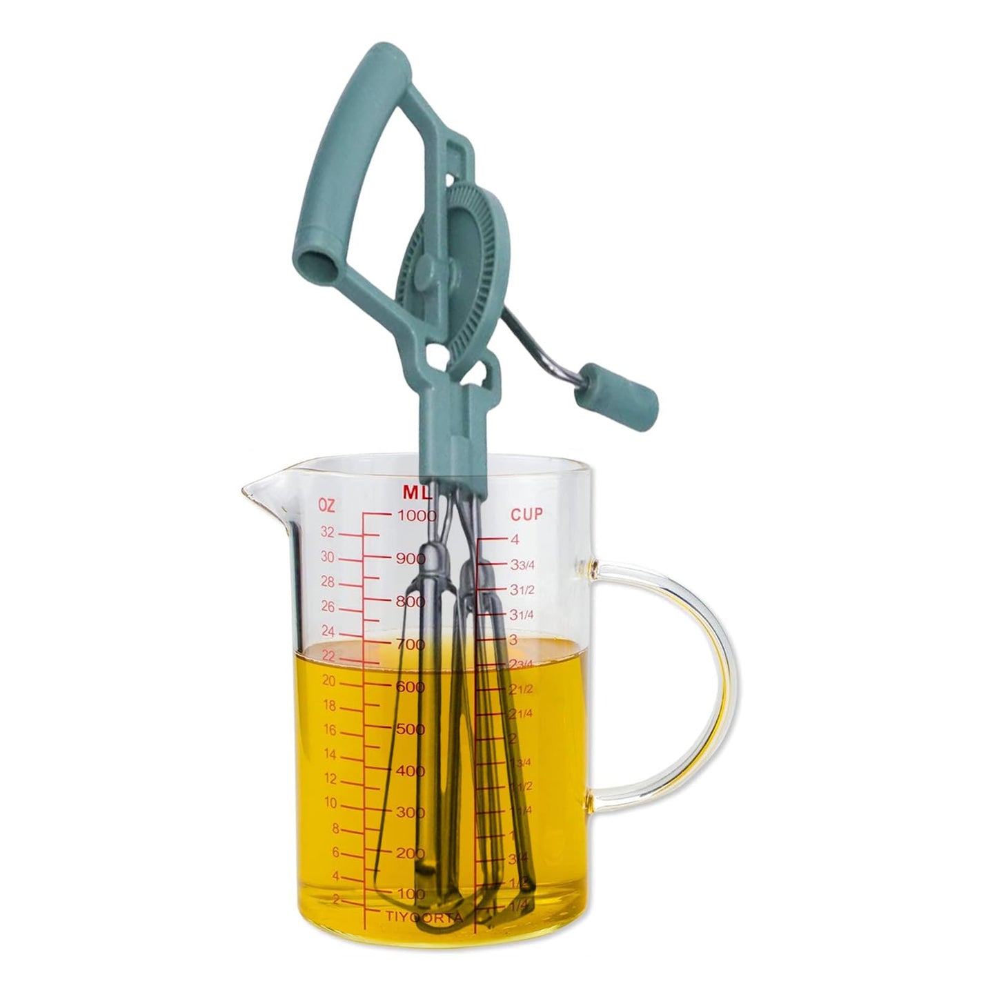 Hand Crank Egg Beater Measuring Container Combo Set, Rotary Double Head Rapid Egg Beater with 4Cups Borosilicate Glass Meausring Cup for Cooking n Baking