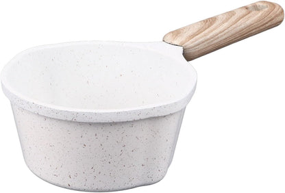 Kitchen Aluminum Nonstick Sauce Frying Pan with Wooden Handle and Pour Spouts for Heating, Boiling, Frying (White)