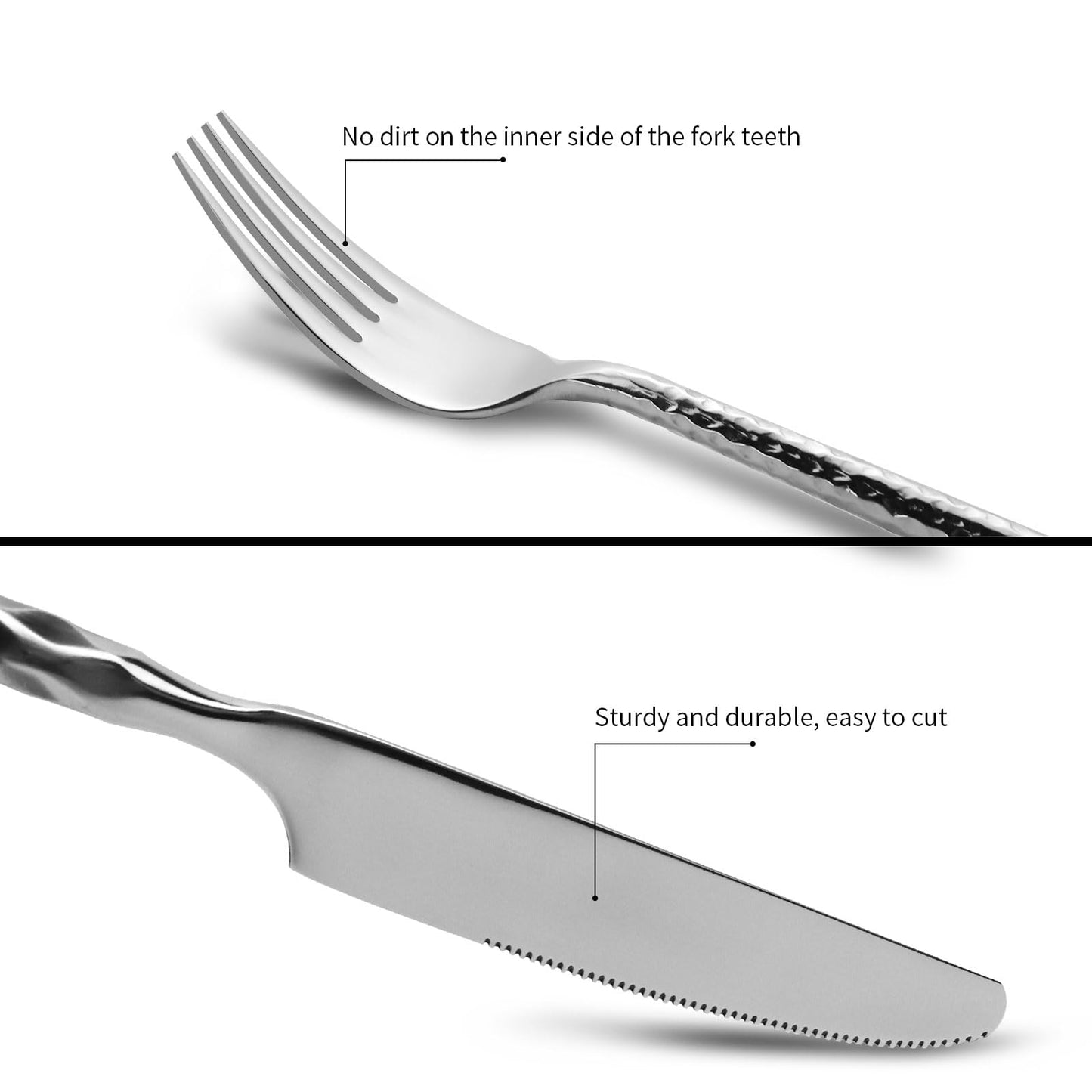Kelenfer 18/10 Stainless Steel Flatware Set Hand Forged Silverware Set Cutlery Set Round Hammered Handle Mirror Finished Heavy Duty 60 Pieces Service for 12