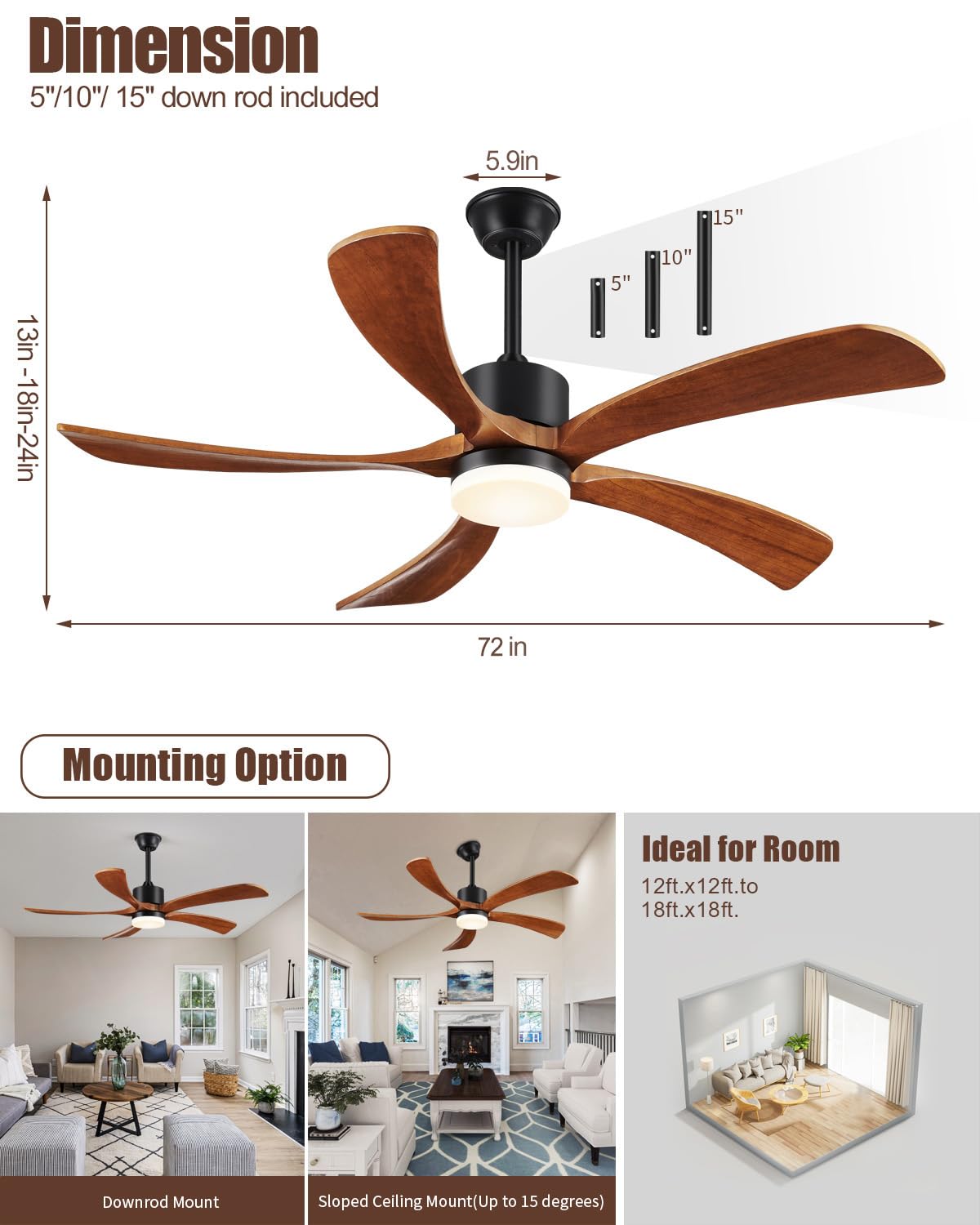 Forrovenco 72 In Ceiling Fans with Lights and Remote, USA Original Patent 72" Large Ceiling Fan, 3 Downrods, 5 Solid Wood Blades, 6 Speeds Quiet DC Motor Modern Outdoor Indoor Fan, 72in Yellow Walnut