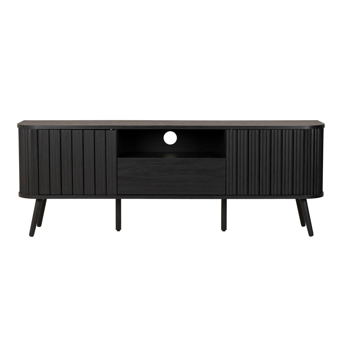 JONATHAN Y Damien 70" Mid-Century Fluted Wood TV Stand for TVs up to 75 Inch, Entertainment Center with Soft-Close Doors and Drawer, Media Console for Living Room, Black TVS1001C