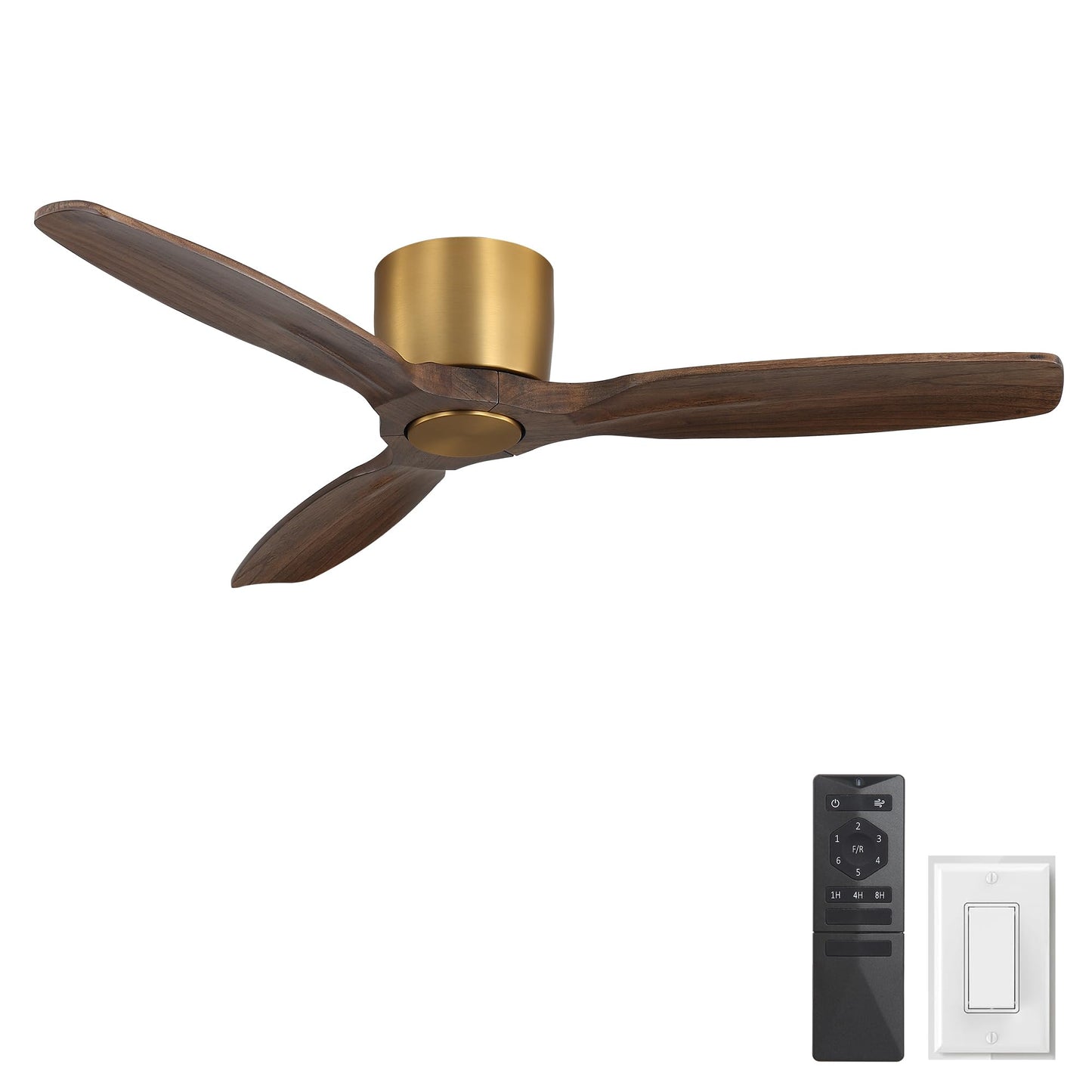 WINGBO 48" Flush Mount Ceiling Fan No Light - 3 Carved Solid Wood Blades, 6-Speed Reversible DC Motor, Dimmable, 3CCT, Low Profile Ceiling Fans without Lights for Bedroom Living Room, Gold and Walnut