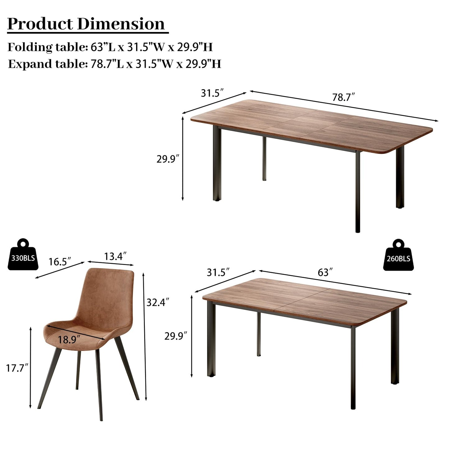 HIPIHOM 63"- 78.7" Extendable Dining Table Set for 6, 4-6 Person Modern Kitchen Table with 6 Brown Upholstered Dining Chairs, Thickened Expandable Wood Table Tops with Metal Bases, Walnut Dinner Table