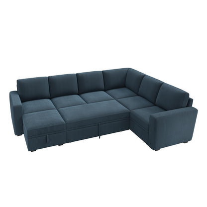 HONBAY Modular Sectional Sleeper Sofa with Pull Out Bed, Corduroy Couch with Storage, U Shaped Sectional Couches for Living Room, Blue