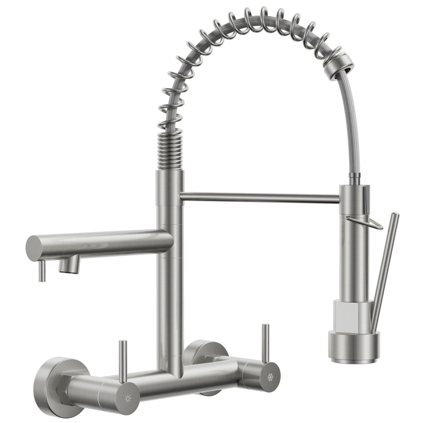 BLYLUND Wall Mount Kitchen Faucet with Pull Down Sprayer, Stainless Steel 8 Inch Center Commercial Sink Faucets 2 Handle Utility Sink Tap High Arch for Kitchen Laundry Restaurant, Brushed Nickel