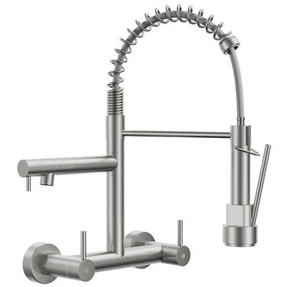 BLYLUND Wall Mount Kitchen Faucet with Pull Down Sprayer, Stainless Steel 8 Inch Center Commercial Sink Faucets 2 Handle Utility Sink Tap High Arch for Kitchen Laundry Restaurant, Brushed Nickel