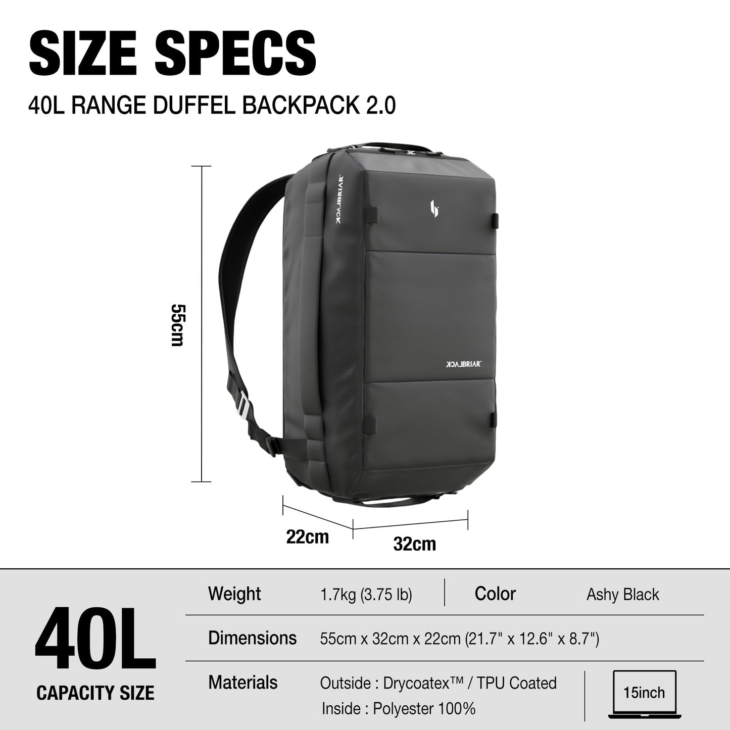 Blackbriar Range Duffel 40L Ash Black 2.0 Version, Convertible Backpack with Patented Magnetic Access, Modular S-Partition, Dual Shoe Garage | Waterproof Drycoatex™ for Tactical, Travel, Gym