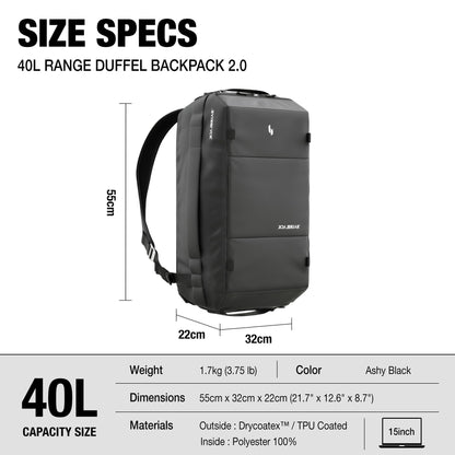 Blackbriar Range Duffel 40L Ash Black 2.0 Version, Convertible Backpack with Patented Magnetic Access, Modular S-Partition, Dual Shoe Garage | Waterproof Drycoatex™ for Tactical, Travel, Gym