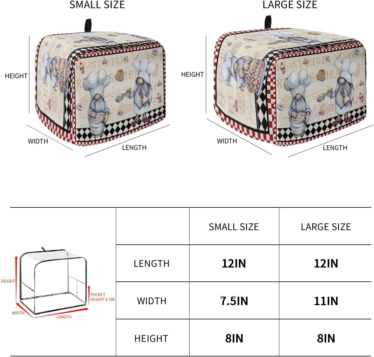 Kitchen Chef Gnomes Toaster Cover 2 Slice, Small Appliance Covers, Retro Red White Plaid Polyester Dust Protection