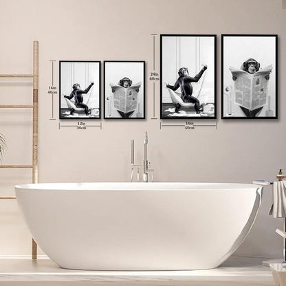 Funny Monkey Painting Poster - Framed Black and White Canvas Art | 12" x 16" for Kids' Bathroom Decor