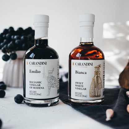 Carandini Emilio Silver Balsamic Vinegar of Modena PGI & Bianca Sweet White Vinegar Combo Set, Premium Italian Vinegars, Perfect for Mother's Day Gift | Made in Italy - 8.45 fl oz (2 Bottles)