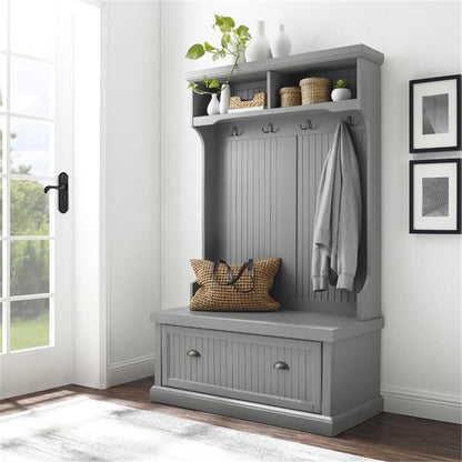 Pemberly Row Coastal Wood Hall Tree, Distressed Gray and Chrome Finish, 64.5" H x 40" W x 18.5" D, Entryway Bench with Coat Rack, Storage Cubbies, Beadboard Accents for Mudroom or Foyer