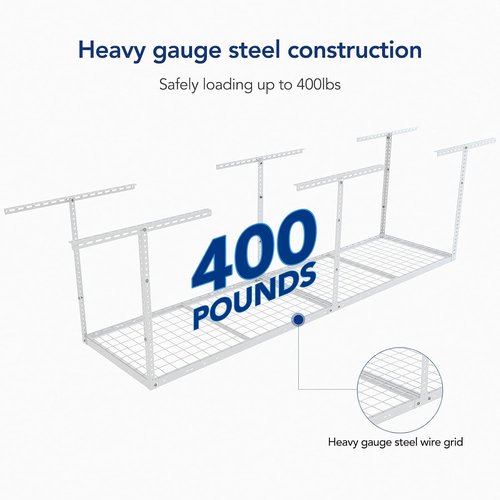FLEXIMOUNTS Overhead Garage Storage Rack - Adjustable Heavy-Duty Metal System | 400lbs Capacity, White