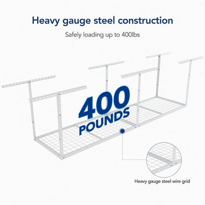 FLEXIMOUNTS Overhead Garage Storage Rack - Adjustable Heavy-Duty Metal System | 400lbs Capacity, White