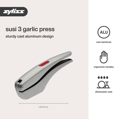 Zyliss Susi 3 Garlic Press - Aluminium Press with Built-In Cleaning Tool - Garlic Crusher, Mincer & Peeler for Unpeeled Cloves