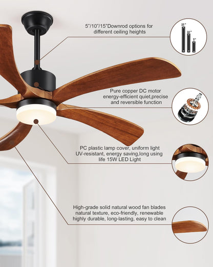 Forrovenco 72 In Ceiling Fans with Lights and Remote, USA Original Patent 72" Large Ceiling Fan, 3 Downrods, 5 Solid Wood Blades, 6 Speeds Quiet DC Motor Modern Outdoor Indoor Fan, 72in Yellow Walnut
