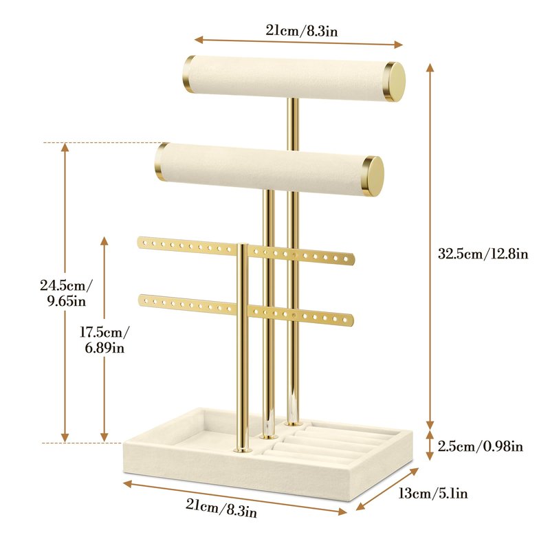 Josmimic Bracelet Holder Jewelry Organizer Display - 3 Tier T Bar Velvet Stand, Beige Jewelry Storage for Bracelet, Necklaces, Earrings, Rings, Watches