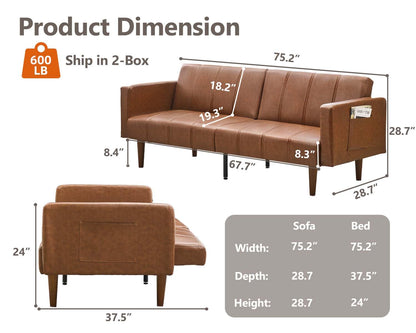 Garvee Modern Futon Sofa Bed, Convertible 75" Sleeper with Adjustable Backrest & Side Pockets, Mid-Century Brown PU Leather
