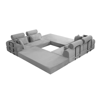 KEIKI 6-in-1 Folding Convertible High Back Sofa Sleeper, 106" Oversized Modular Sectional Corduroy UpholsteredL Shape Couches for Living Room, High-Density Foam Chaise Lounge Indoor, Light Gray