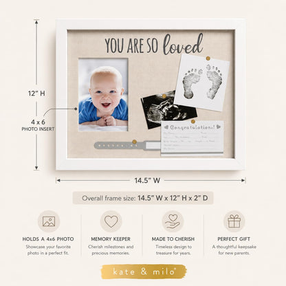 Kate & Milo You Are So Loved Collage Frame, Newborn Keepsake Box, Baby Memento, Nursery Decor, Handprint and Footprint Ink Pad Included, Linen Mat, White