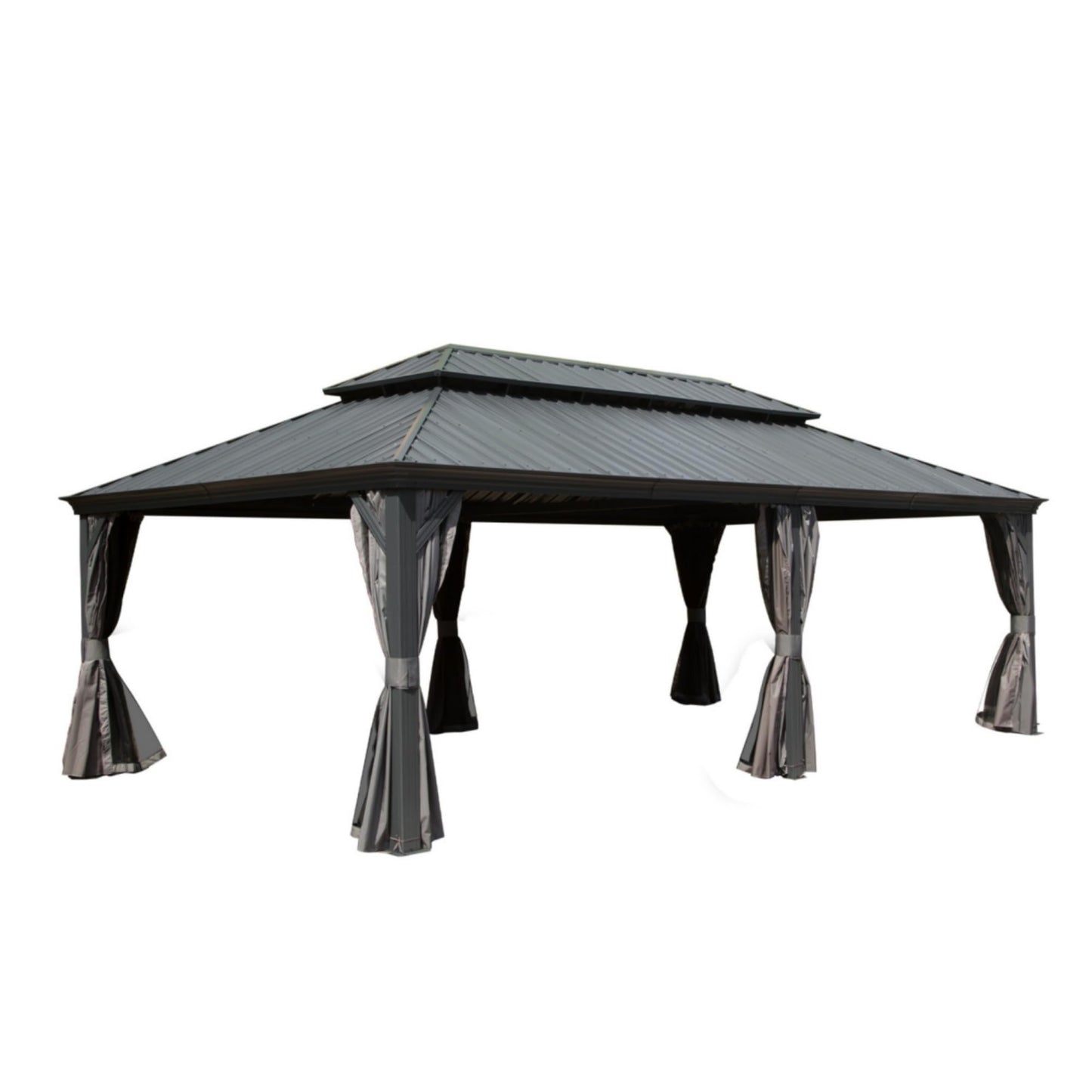 Ginkartu 14x24FT Hardtop Gazebo, Outdoor Gazebo with Galvanized Steel Double Roof, Aluminum Frame, Built-in Gutter System, Curtain and Netting, Metal Gazebo Pavilion for Patio Deck Garden, Grey