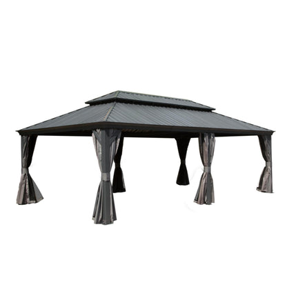 Ginkartu 14x24FT Hardtop Gazebo, Outdoor Gazebo with Galvanized Steel Double Roof, Aluminum Frame, Built-in Gutter System, Curtain and Netting, Metal Gazebo Pavilion for Patio Deck Garden, Grey