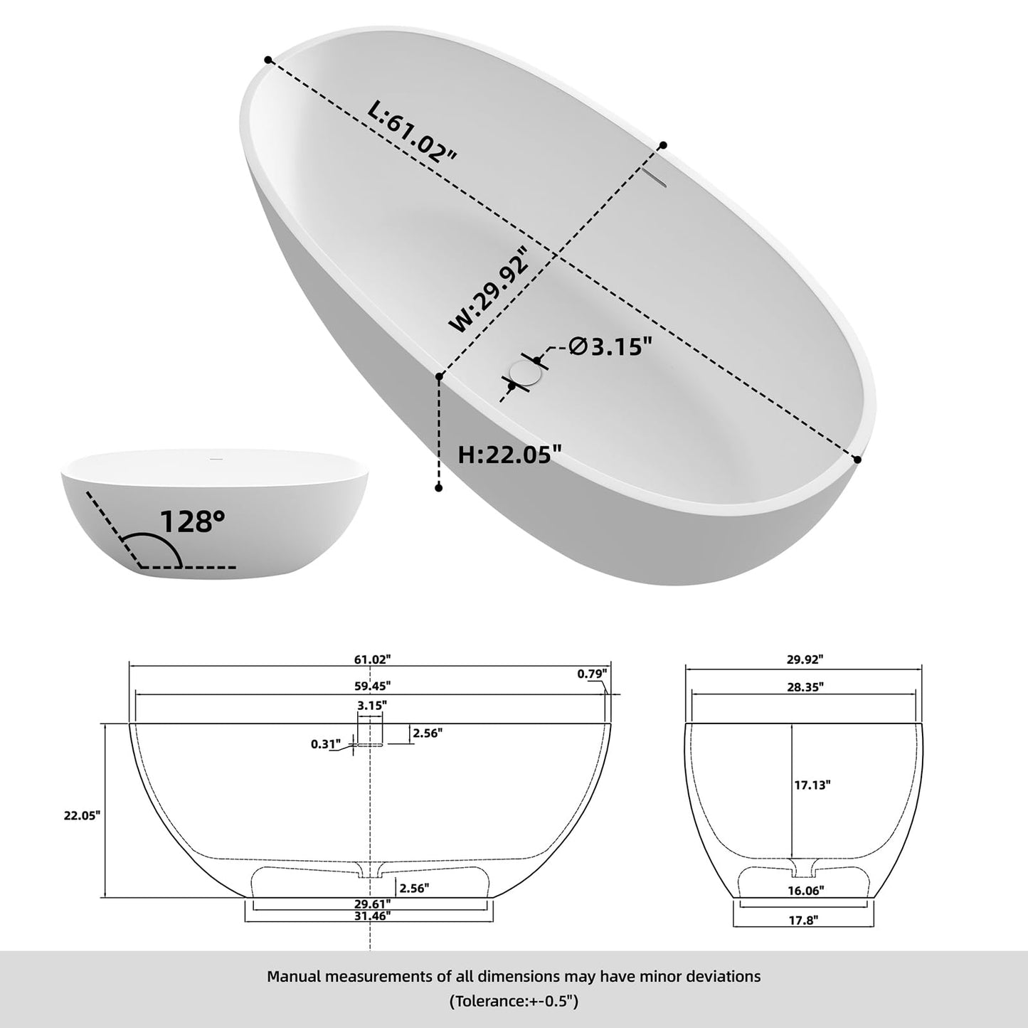 MEDUNJESS 61'' Resin Stone Soaking Bathtub Oval Solid Surface Freestanding Soaking Bathtubs Matte White Soaking Tub with Overflow and Pop up Drain - White