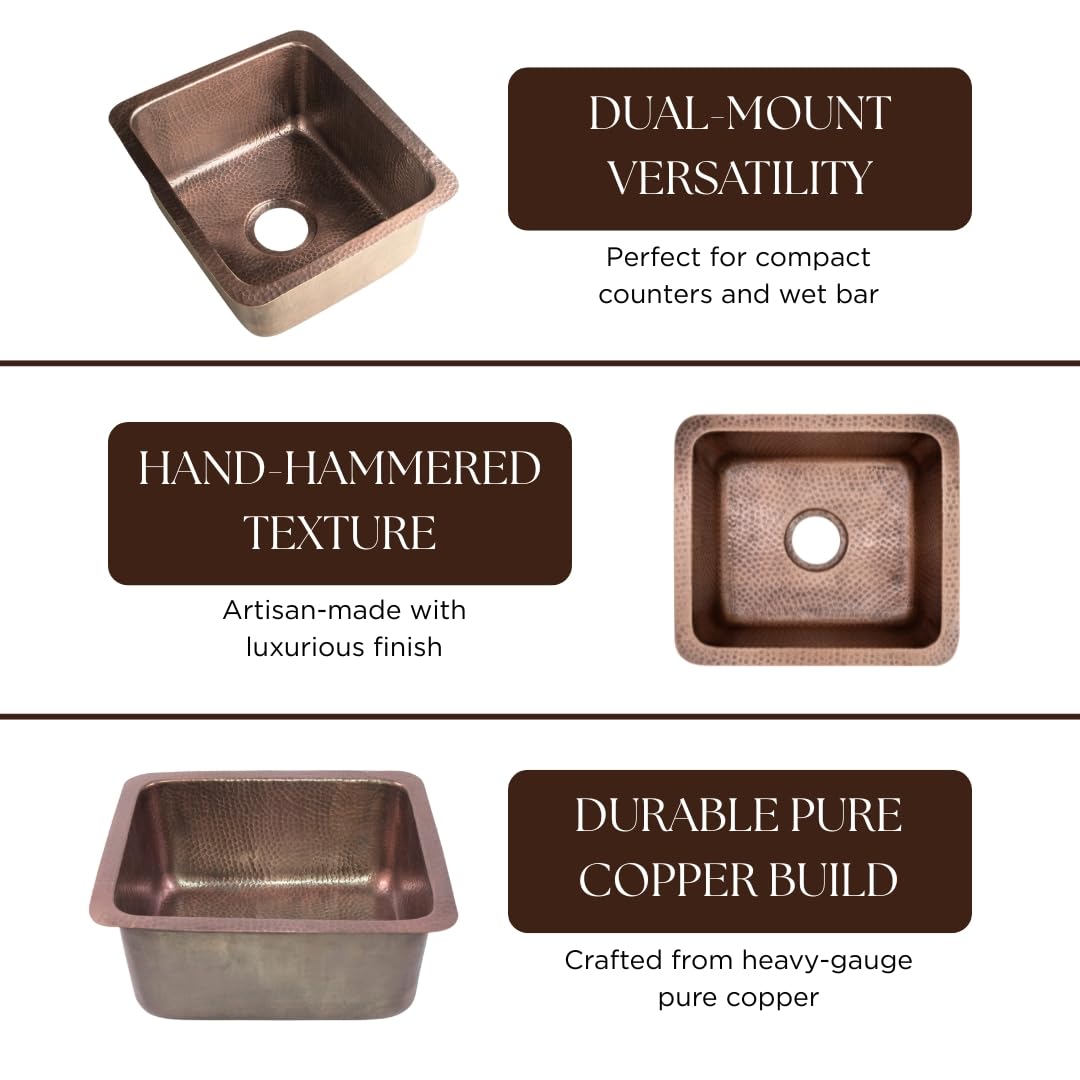 Monarch Abode Kitchen & Bar Sink – 17-inch Highball Dual Mount Drop in Kitchen Sink, Hand Hammered Pure Copper Sinks, Drop in Bar Sinks or Undermount, Deep Single Rectangular Bowl