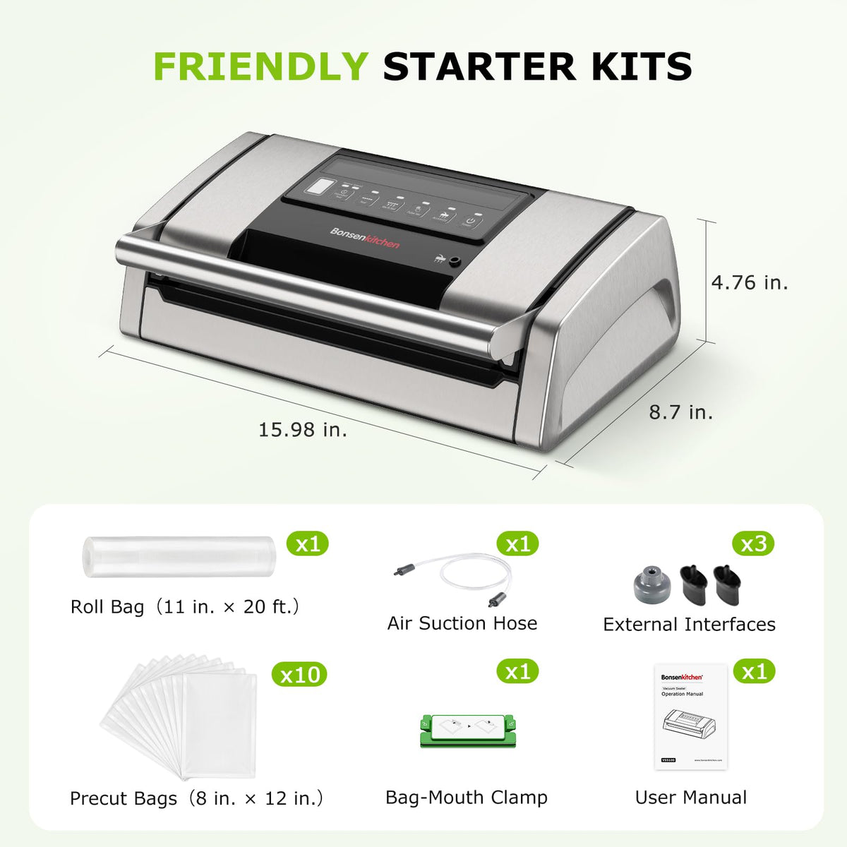 Bonsenkitchen Vacuum Sealer for Food, Easy-Lock Handle Vacuum Sealer Machine with Bag Clip, Built-in Cutter and Bag Storage for Sous Vide and Meal Prep, 1 Roll Bag & 10 Pre-Cut Bags, Silver