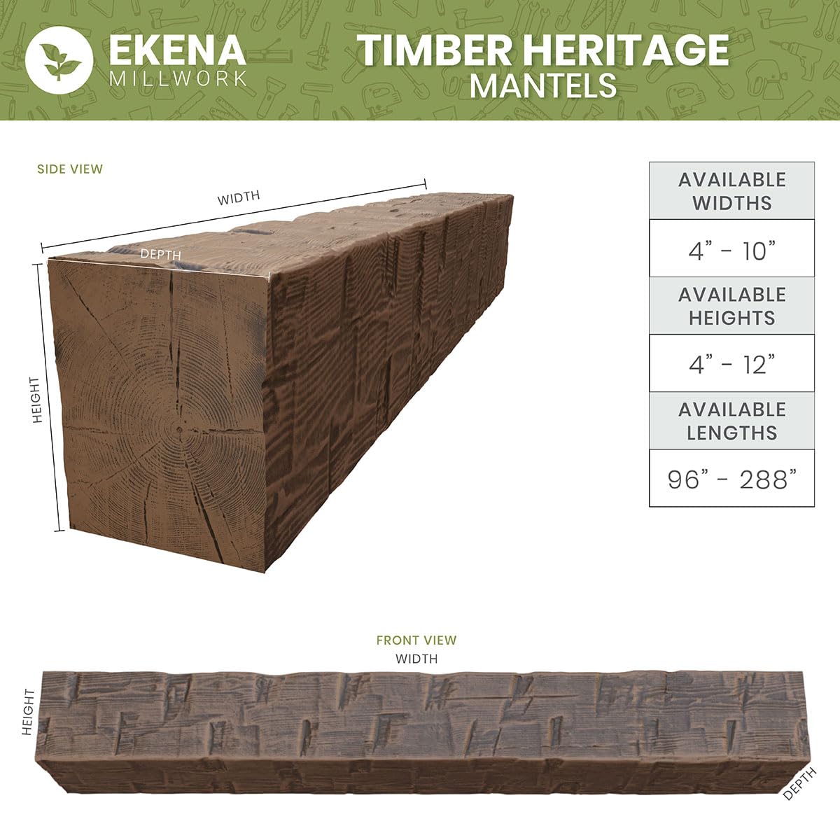 Ekena Millwork 10"H x 8"D x 66"W Rustic Sawn Heritage Timber Faux Wood Fireplace Mantel, Oatmeal