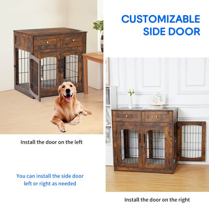 Dog Crate Furniture with Double Drawers, Wooden End Table Dog Kennel, Furniture Style Wood House Crate for Large Dogs, Decorative Dog Crate with Storage for Large Breed, 40 Inch Retro