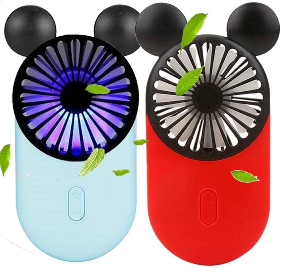 Cute Personal Mini Fan (2 PACK), USB Rechargeable Handheld Fan with Stylish LED Light, 3 Speed Adjustable, Cute Mouse