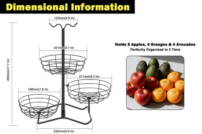 Winmien 3 Tier Fruit Basket Bowl with 2 Banana Hooks, Solid Metal Standing Vegetable Storage for Kitchen Counter, Large Capacity Organizer for Bread Snack Produce (Black)