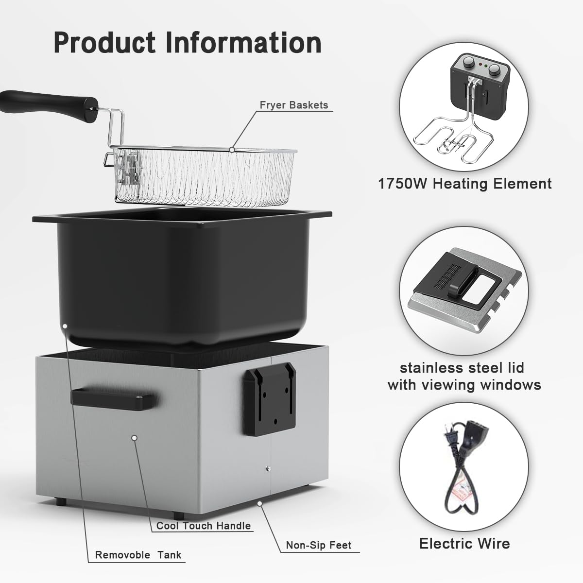 1750W Electric Deep Fryer with Basket,5L /21 Cups Stainless Steel Electric Oil Fryer with 3 Frying Baskets, Adjustable Temperature,View Window Lid,Countertop Stainless Steel Body Deep Fryer Pot
