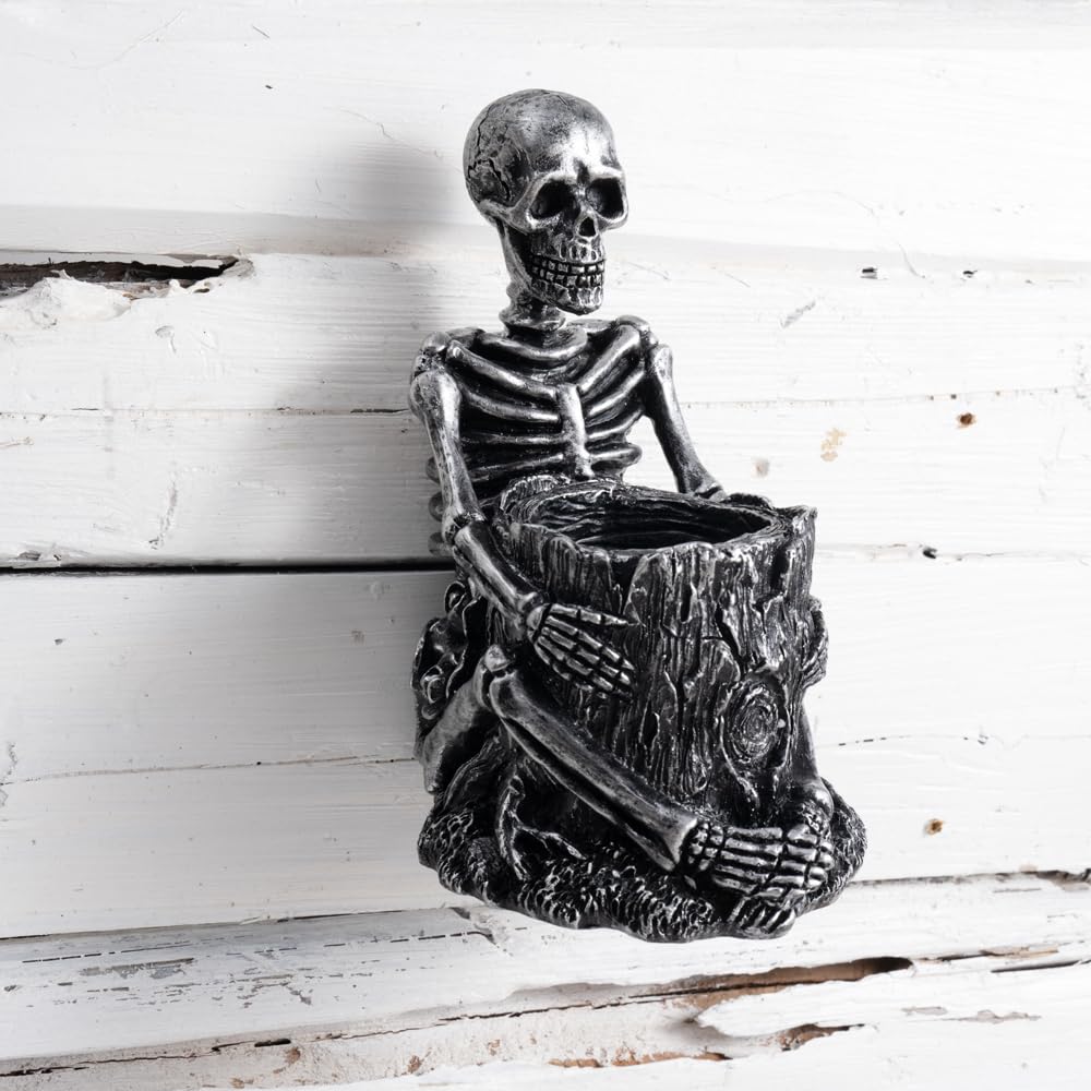 Arola Skull Pen Pencil Holder Skeleton Key Holder Makeup Brush Holder Home Office Desk Supplies Organizer Accessory（Silver-Plated）