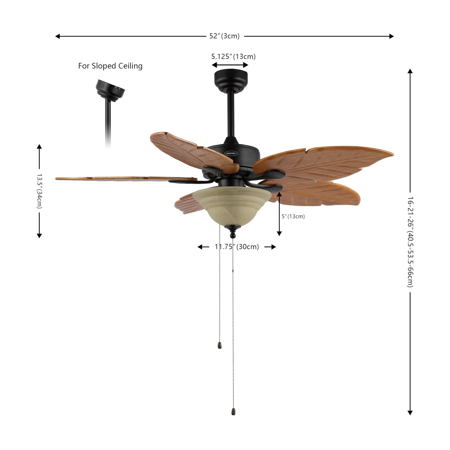 JONATHAN Y 52" Light Brown Coastal Bohemian Palm Leaf LED Ceiling Fan, 3-Light Rustic Wood Blades with Pull Chain for Living Room, Frosted Glass Shade, LED Bulbs Included (JYL9720C)