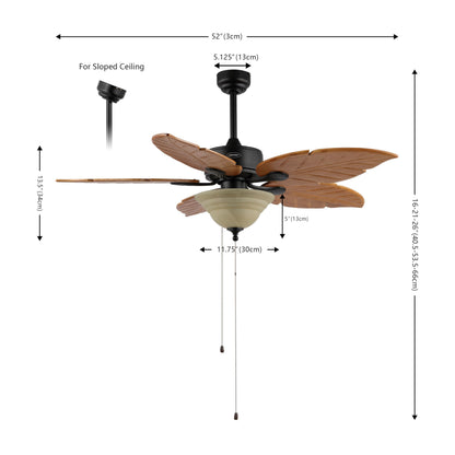 JONATHAN Y 52" Light Brown Coastal Bohemian Palm Leaf LED Ceiling Fan, 3-Light Rustic Wood Blades with Pull Chain for Living Room, Frosted Glass Shade, LED Bulbs Included (JYL9720C)