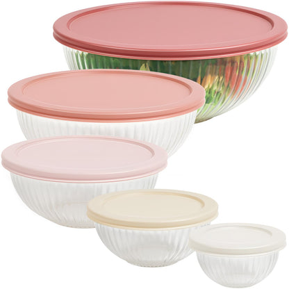 Glass Mixing Bowls with Lids Sets, 5 Packs Glass Bowls with Lids for Kitchen Baking, Meal Prepping and Salad, Bpa Free and Dishwasher Safe Serving Bowls, 0.2/0.5/1.1/2.1/3.7Qt