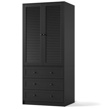 GarveeHome Armoire Wardrobe Closet with 3 Drawers, 69.5" Wooden Wardrobe Cabinet, Hanging Rod, 2 Doors Clothing Storage Cabinet for Bedroom, Large Capacity Storage, Louvered Door, Black